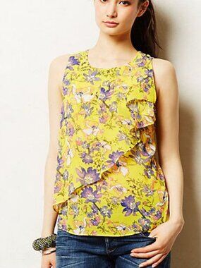 Anthropologie Sungarden Tank Silk Yellow Floral Sleeveless Top Blouse